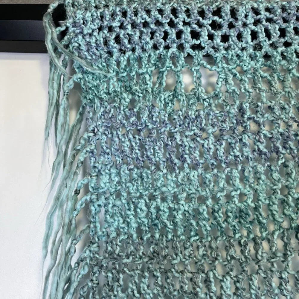 Vintage Handmade Blue Sully Open-Weave Fringe Throw Retro Accent Blanket Boho